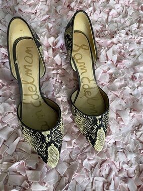 Sam Edelman Black & Cream Snake-Print Pointed Toe D'Orsay Heels